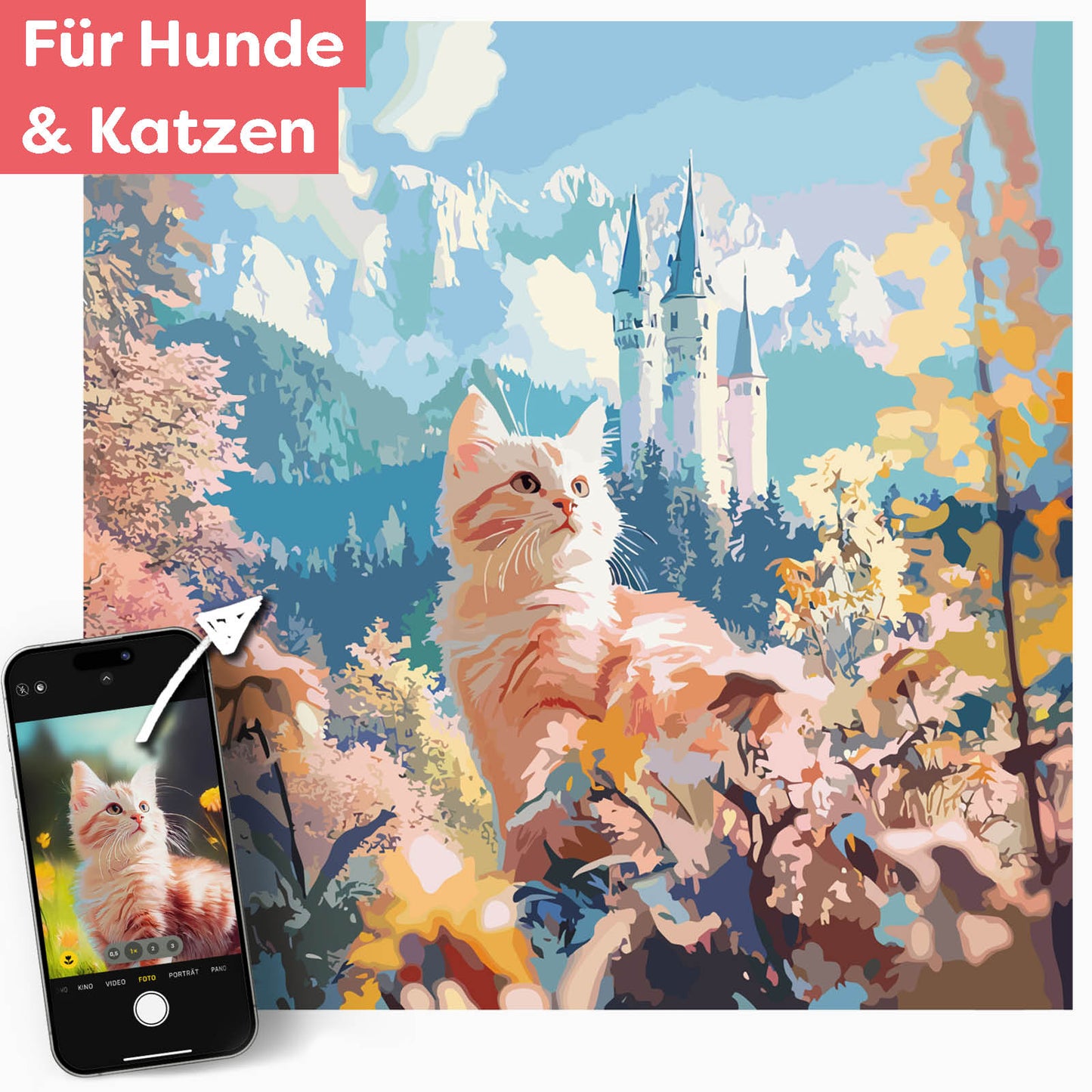 Dein Haustier vor einem Märchenschloss